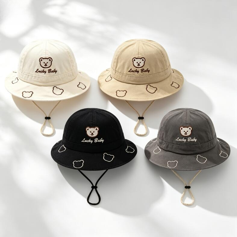 Bucket Hat Cotton - 2026 かわいい漫画クマの赤ちゃんバケットハット夏屋外赤ちゃん男の子女の子漁師帽子無地幼児幼児盆地キャップ