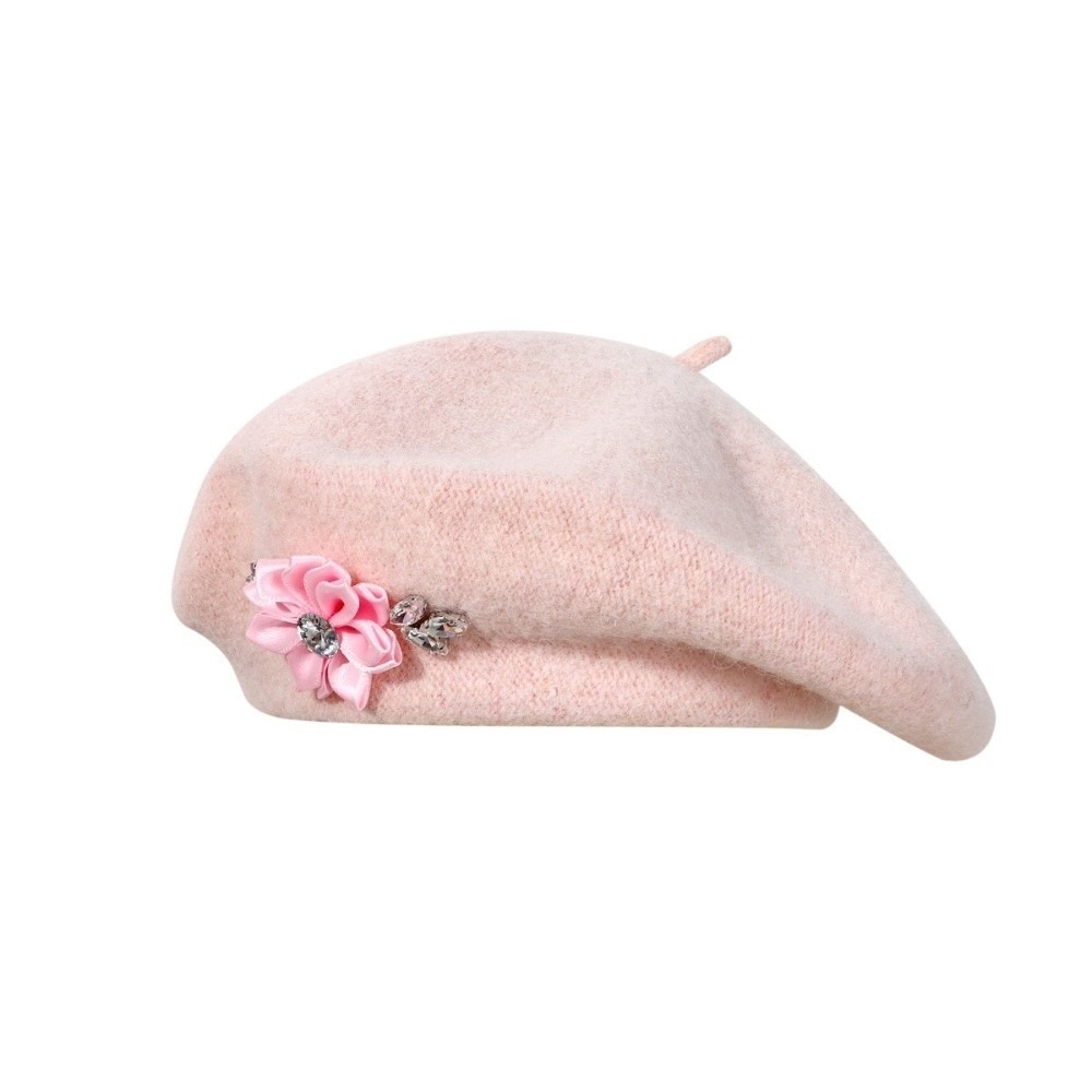 Beret French Wool - エレガントなソリッドカラーのウールベレー帽、花柄ラインストーン付き、ソフトなフレンチスタイルのペインターハット、クリスタル装飾、暖かいベレー帽、通勤用