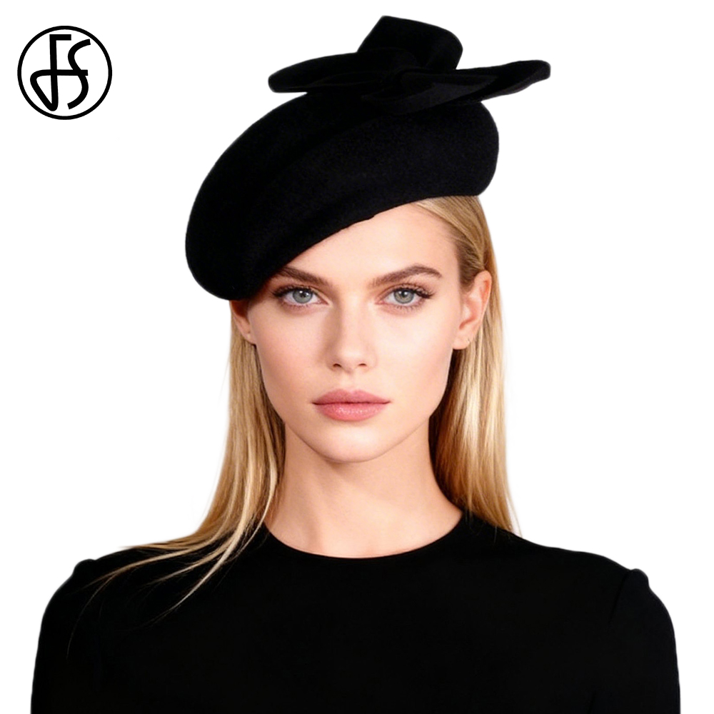 Beret French Wool - FS ブラックホワイトウールフレンチベレー帽 リボン付き教会帽 女性用 エレガントなティーパーティーファシネーターハット シャポーファム