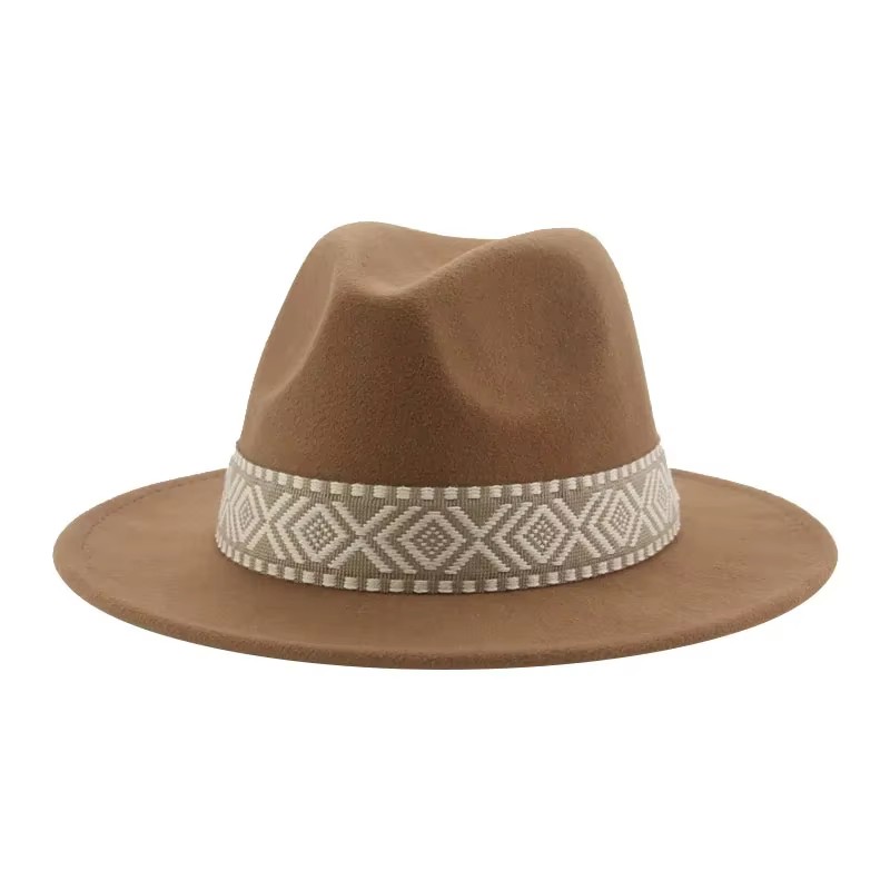 Fedora Hat Wool - 男性と女性のためのカウボーイスタイルのパナマハット,大きなつばのあるカジュアルなウエスタンスタイルの帽子,黒と白のキャメル