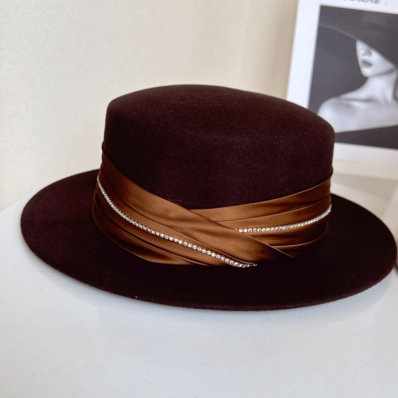Fedora Hat Wool - 高級ブティックの本格プリーツサテンリボンラインストーントップハット、秋冬のつば広帽子で小顔効果を実現