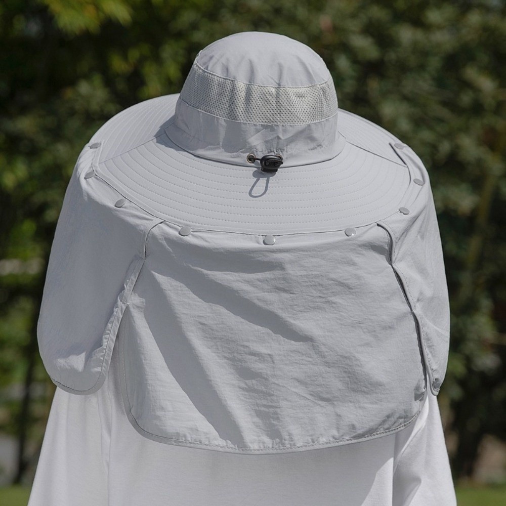 Bucket Hat Cotton - シンプルな布製男性用サンハット、ネックプロテクション付き、取り外し可能なショール、女性用バイザーキャップ、ストラップ付き、紫外線防止、夏用バケットハット、ビーチ用