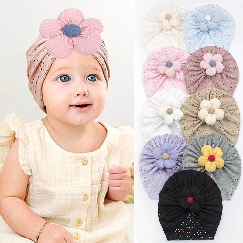 Dad Hat Cotton - 赤ちゃん用の通気性のある透かし彫りのインドの帽子,単色の綿のターバン,子供用のヘッドスカーフ,赤ちゃん用のヘアアクセサリー,3D花,夏