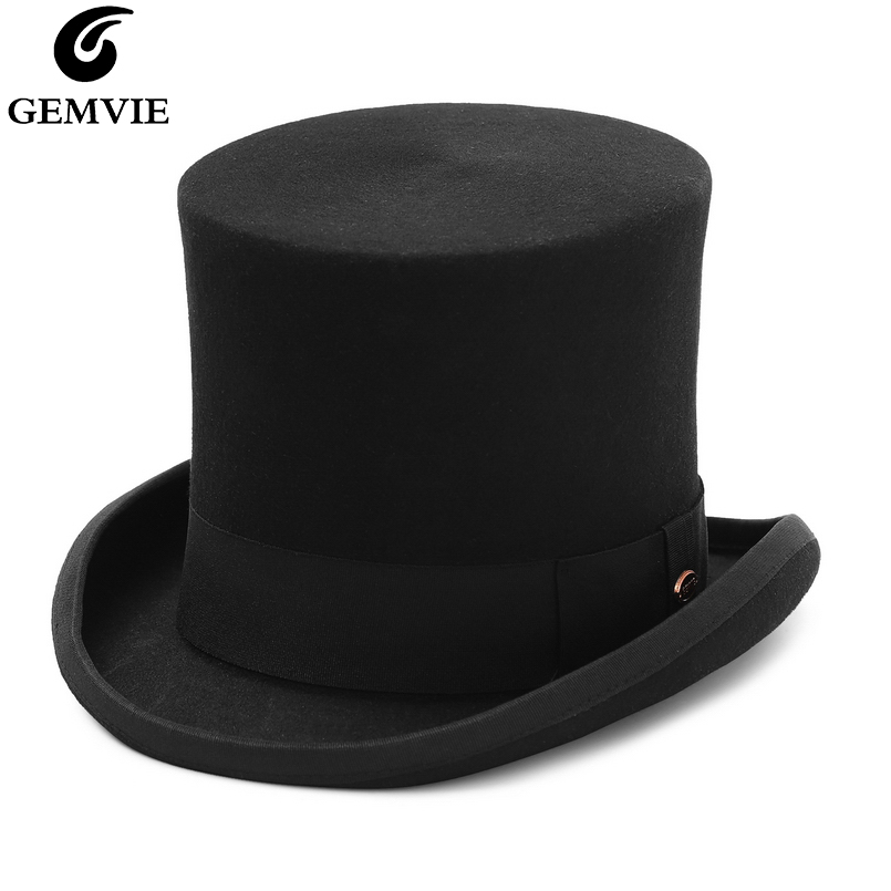 Fedora Hat Wool - GEMVIE 17 センチメートル 100% ウールフェルトシルクハット男性女性シリンダーハイハットトッパーマッドハッターパーティー衣装 Fedora