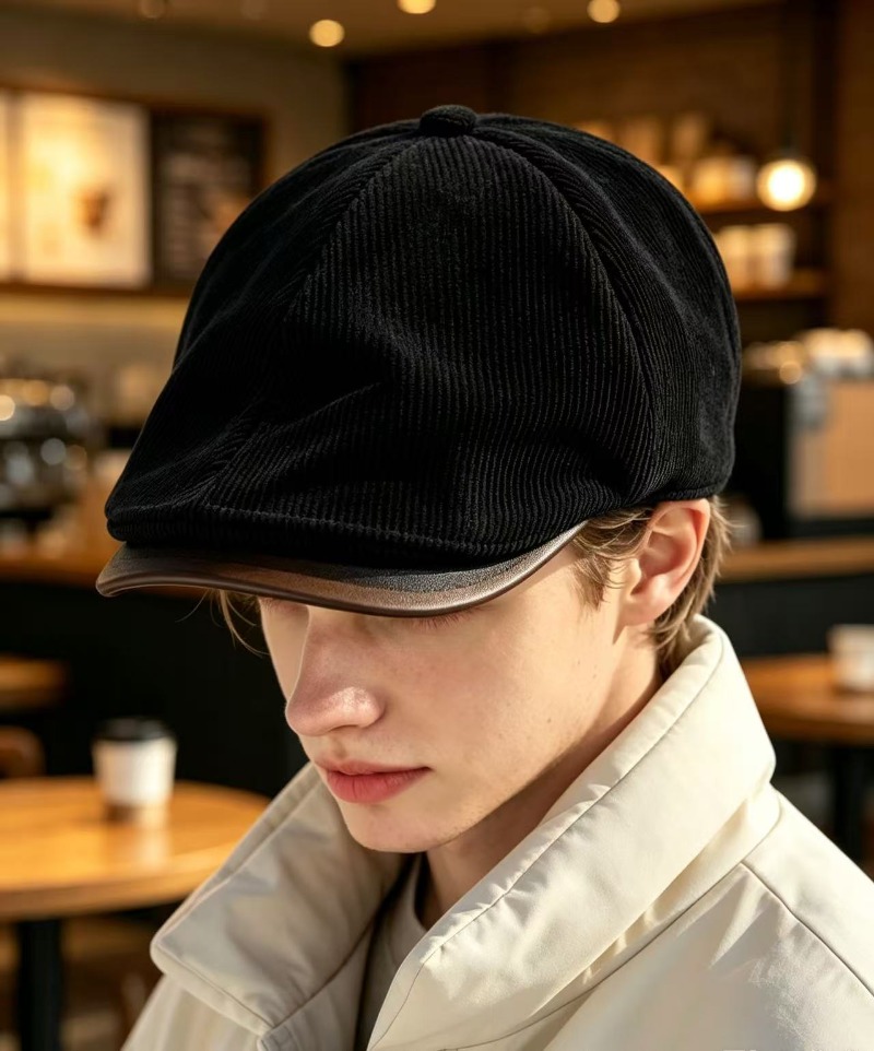 Newsboy Cap Ivy - メンズヴィンテージコーデュロイニュースボーイキャップ クラシックフラットアイビーハット ソフトベレー帽 PUレザーつば付き 秋冬カジュアルドライビングピークキャップ