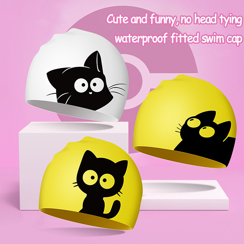 Swim Hat Silicone - 子供用の伸縮性シリコンスイミングキャップ,かわいい猫,長い髪,保護,子供用,プール,ダイビング用