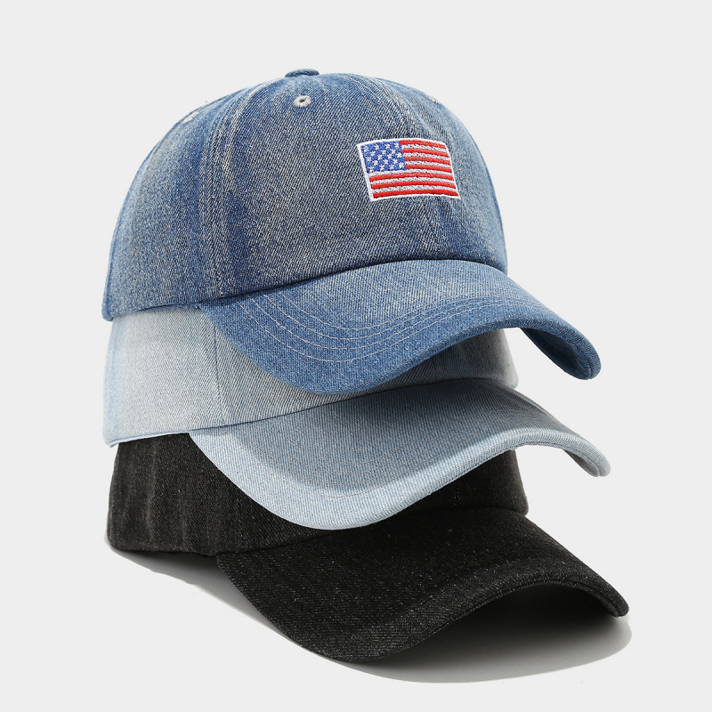 Dad Hat Cotton - ヴィンテージウォッシュドデニムベースボールキャップUSAフラッグ刺繍入り調整可能ユニセックスダッドハット