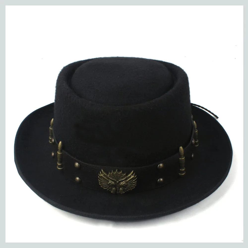 Fedora Hat Wool - ポークパイハット男性用女性用パンクベルト付きファッションウールフェドーラトリルビーファシネーターハットポップチャーチハットサイズ58CM