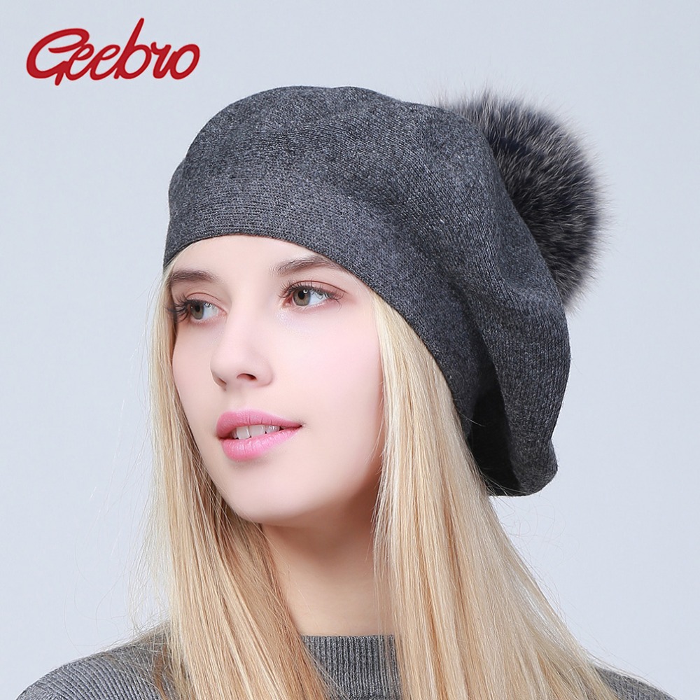 Beret French Wool - Geebro 女性のベレー帽冬カジュアルニットカシミヤベレー帽アライグマの毛皮ポンポンファムフレンチソリッドアーティストベレー帽キャップ