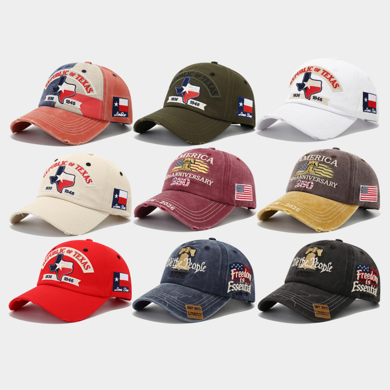 Dad Hat Cotton - テキサス共和国 1836-1845 ウォッシュドベースボールキャップ ローンスターステート旗刺繍 ダメージ加工 調整可能
