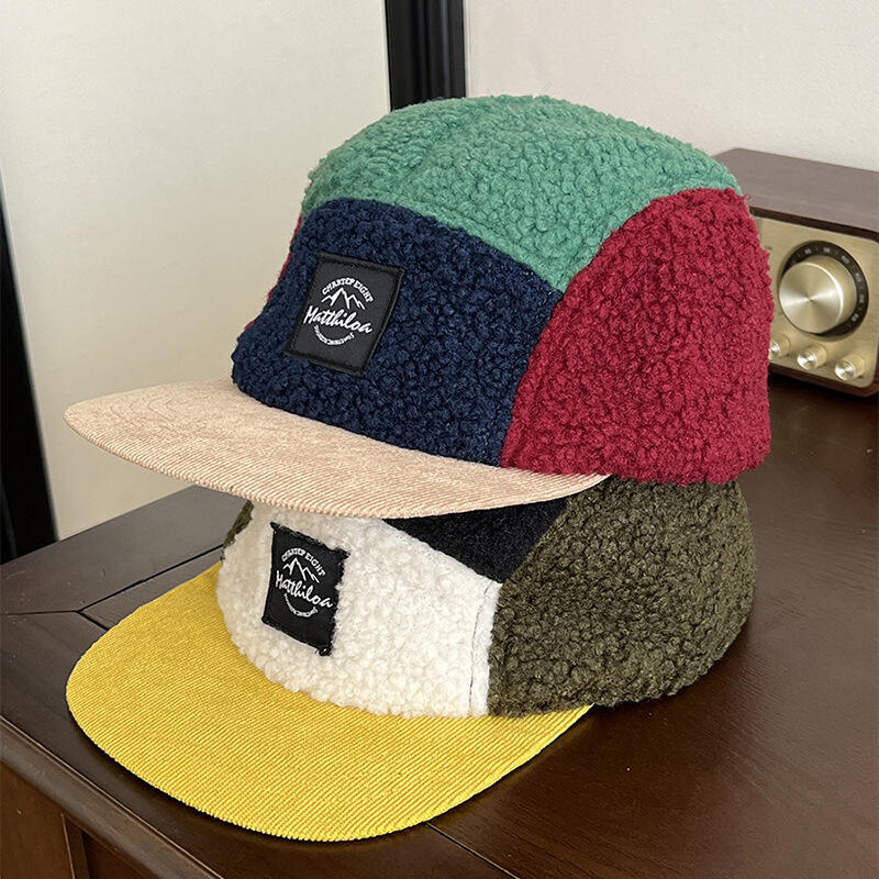Corduroy Cap 5 Panel - 5パネルレトロフリースキャップ メンズ レディース カラーブロック パッチワーク フラットブリム