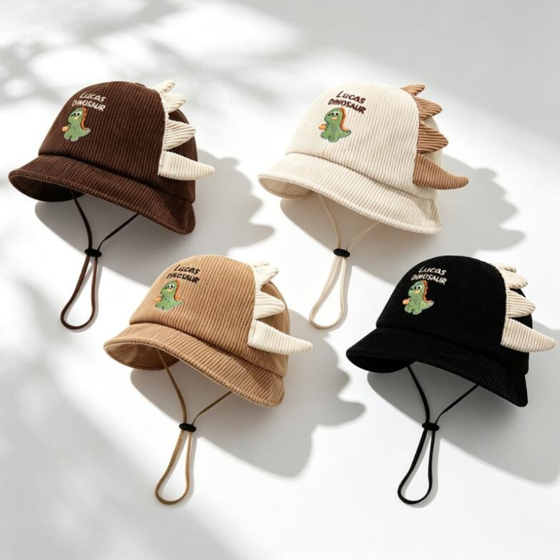 Bucket Hat Cotton - かわいいベビーサンハット春秋軽量恐竜バケットハットワイドつば幼児用キャップ防風ロープ付き男の子女の子用