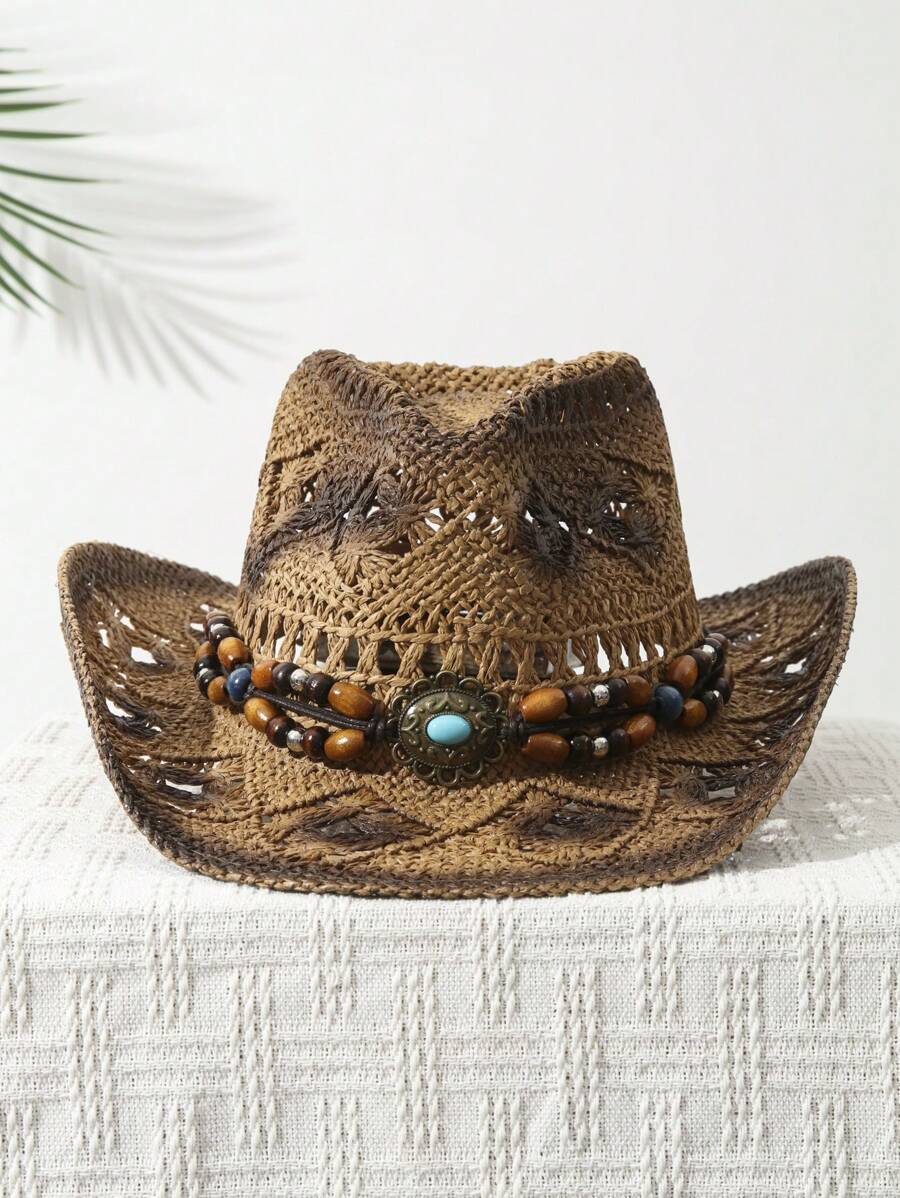 Cowboy Hat Straw - 1 個ユニセックスビーズ装飾染色ワイドブリムプリントカウガールハット夏旅行シェードカウボーイハット中空通気性ビーズトリム付き