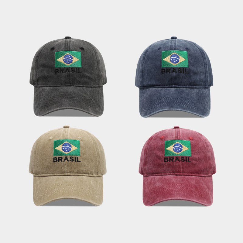 Dad Hat Cotton - ヴィンテージブラジル国旗ブラジル文字刺繍ウォッシュドコットン野球帽調整可能なカーブブリムダッドハット男性女性用