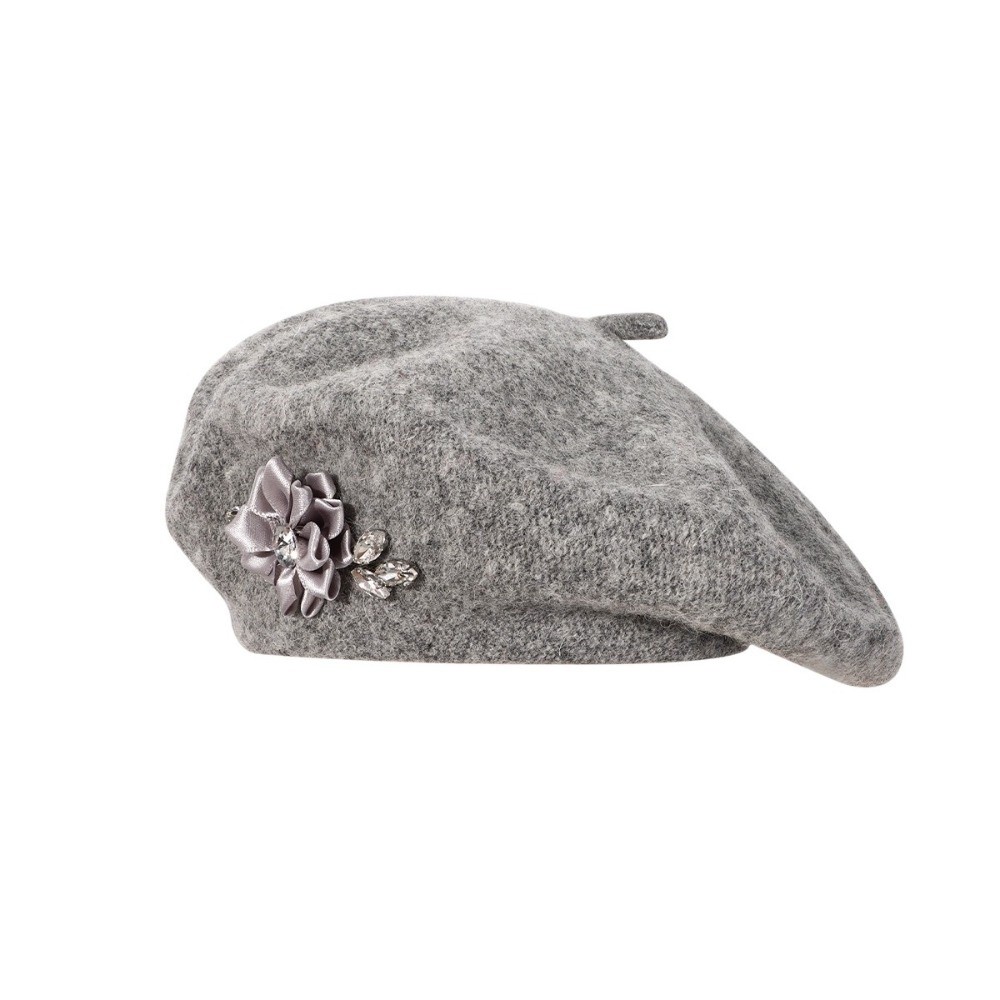 エレガントなソリッドカラーのウールベレー帽、花柄ラインストー - Beret French Wool のレビューと価格