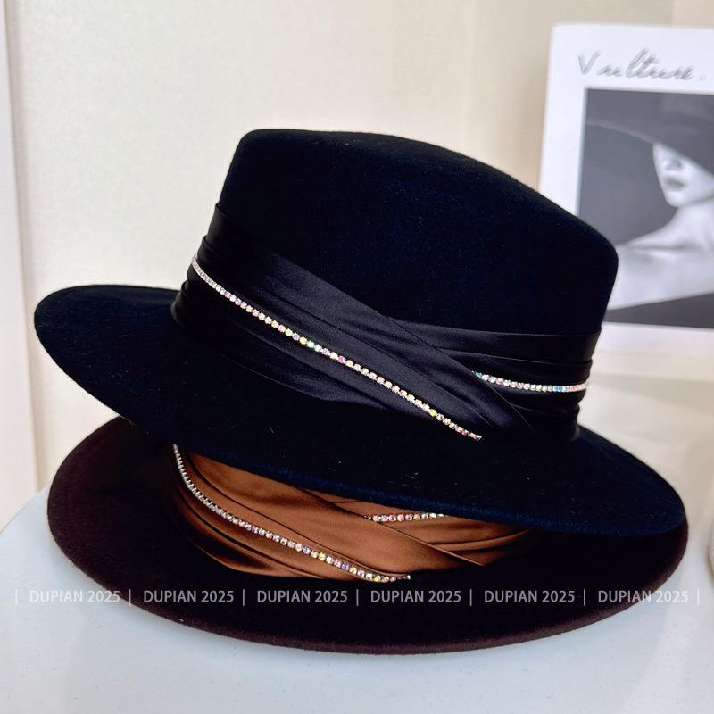 高級ブティックの本格プリーツサテンリボンラインストーントップ - Fedora Hat Wool のレビューと価格