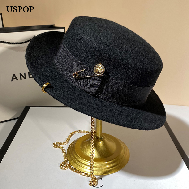Uspop-装飾的なウールの帽子,女性用,チェーン付き,ファ - Fedora Hat Wool のレビューと価格