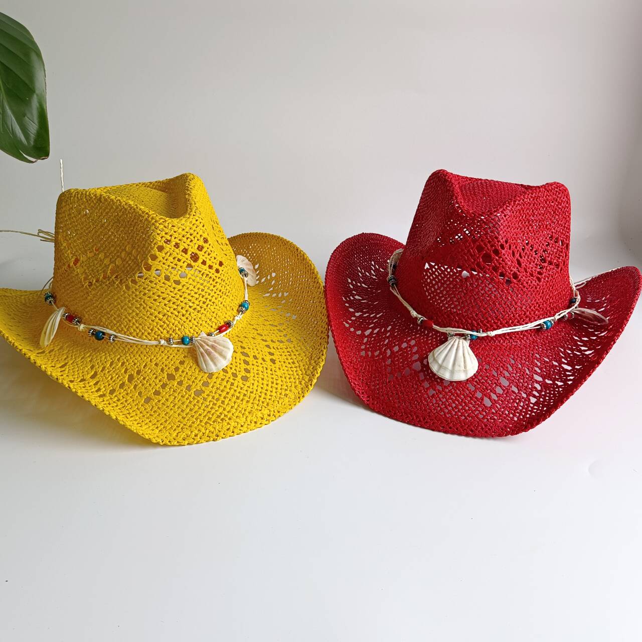 明るい黄色のカウボーイ麦わら帽子ビーチ女性男性シェルとパール - Cowboy Hat Straw のレビューと価格