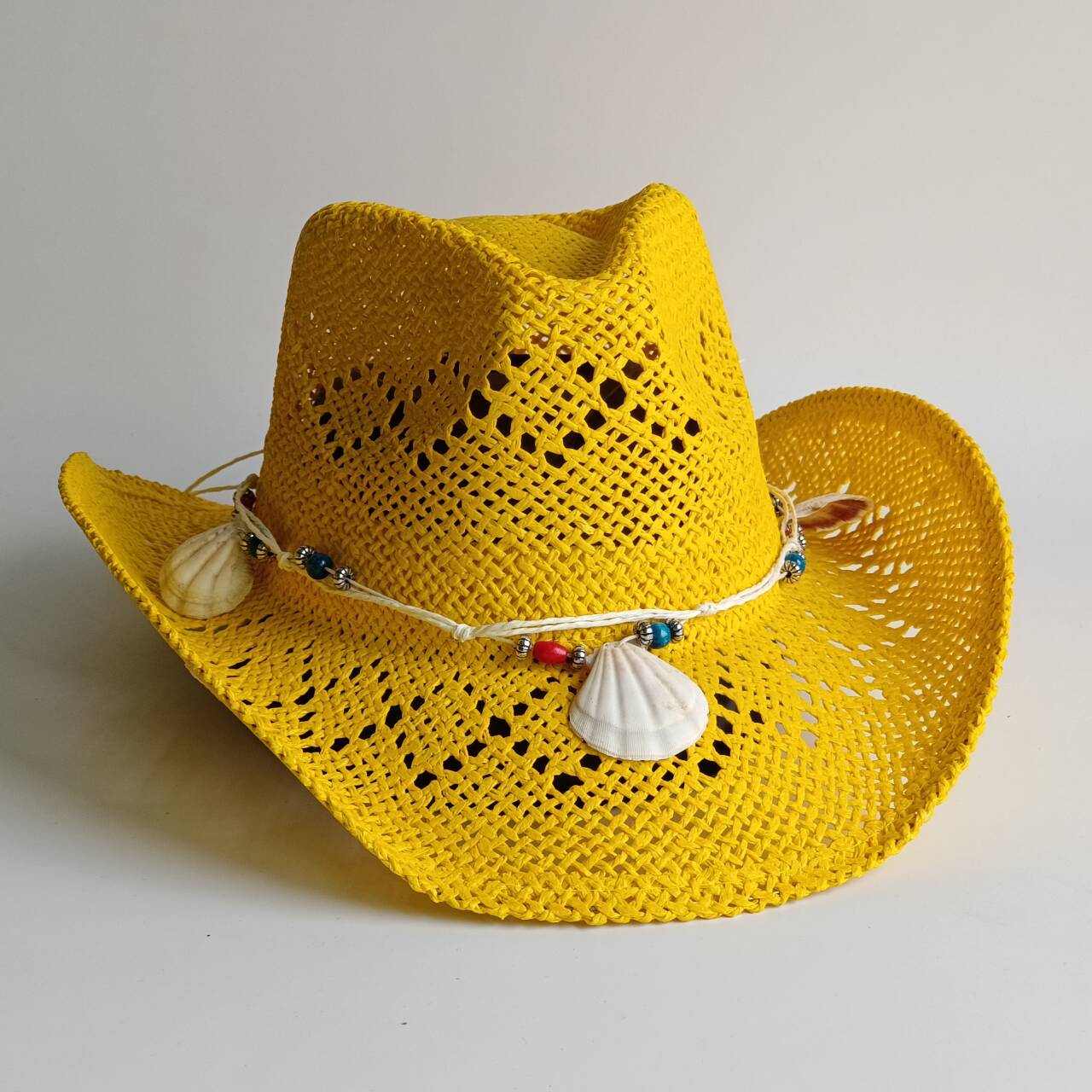 明るい黄色のカウボーイ麦わら帽子ビーチ女性男性シェルとパール - Cowboy Hat Straw のレビューと価格