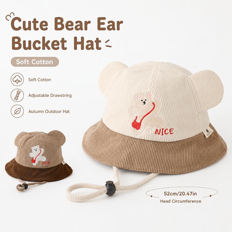 キッズベア耳付きバケットハット ソフトコットン カラーブロッ - Bucket Hat Cotton のレビューと価格