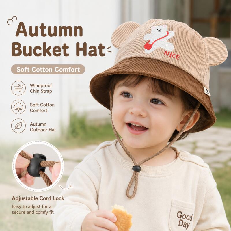 キッズベア耳付きバケットハット ソフトコットン カラーブロッ - Bucket Hat Cotton のレビューと価格