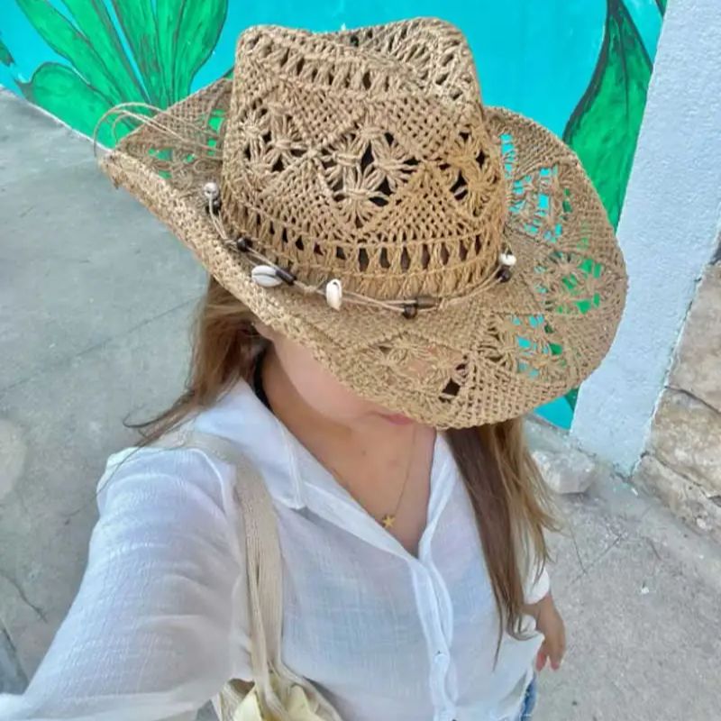 夏麦わら帽子ビーチ女性男性カウボーイハット木製ビーズ中空アウ - Cowboy Hat Straw のレビューと価格