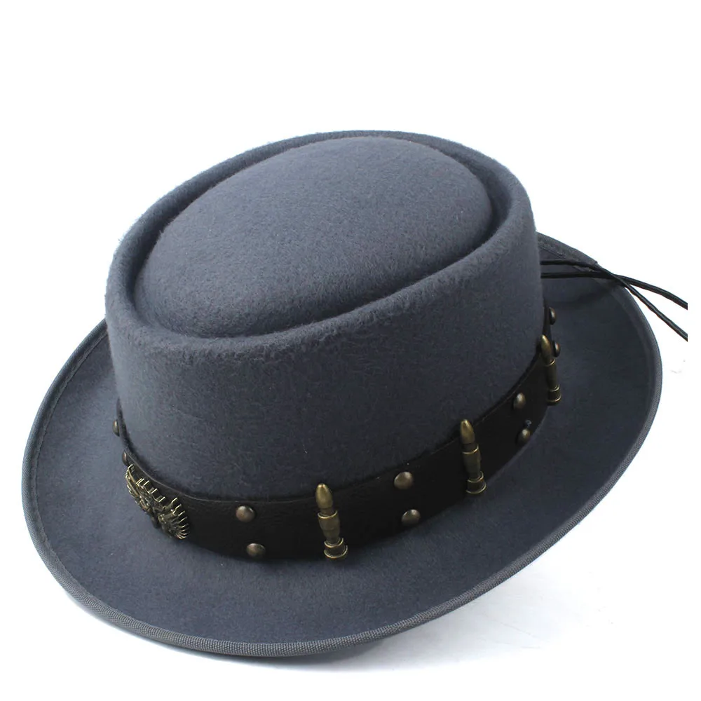 ポークパイハット男性用女性用パンクベルト付きファッションウー - Fedora Hat Wool のレビューと価格