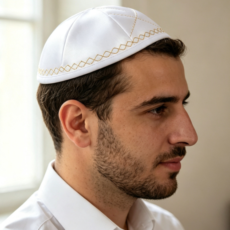 白いサテン生地のユダヤ教キッパ、金色の波状トリム付きヤルムル - Skull Cap Helmet Liner のレビューと価格