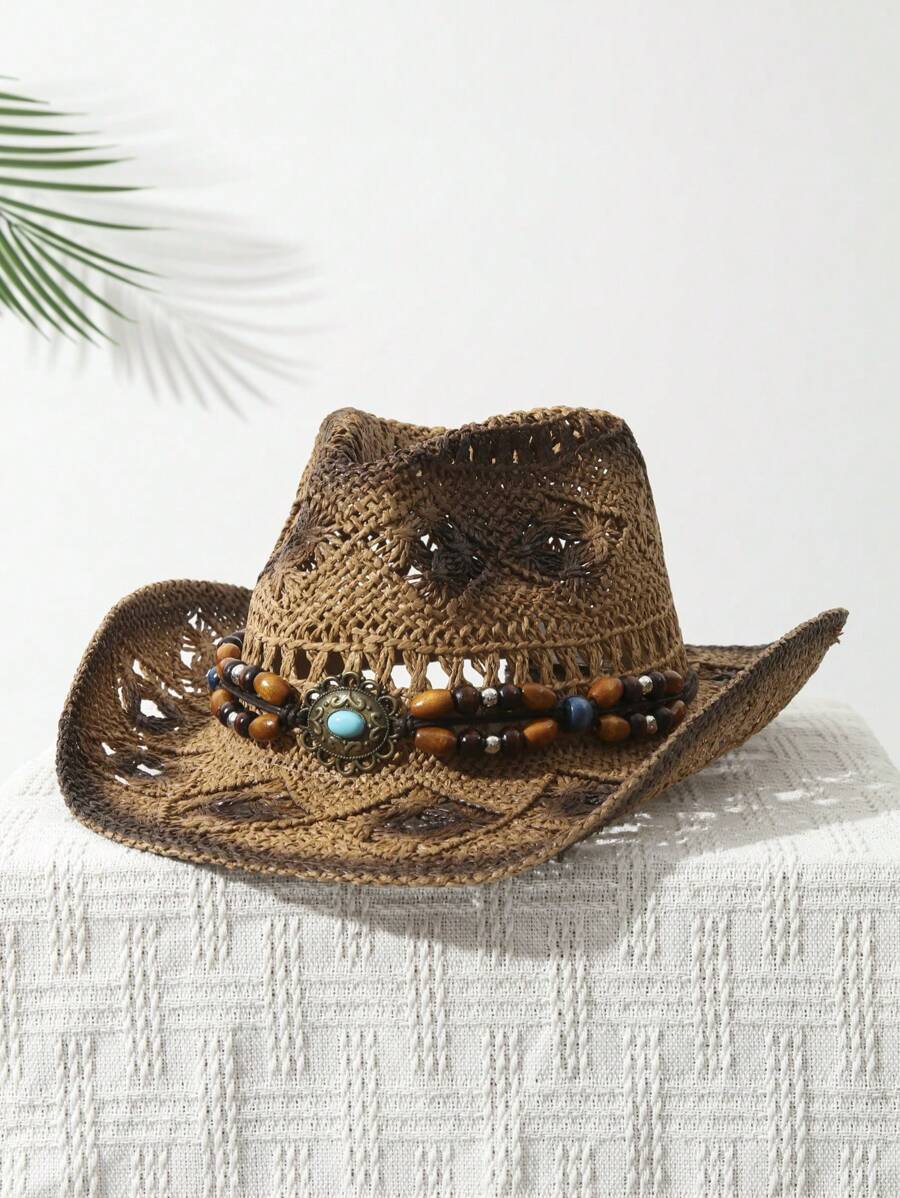 1 個ユニセックスビーズ装飾染色ワイドブリムプリントカウガー - Cowboy Hat Straw のレビューと価格