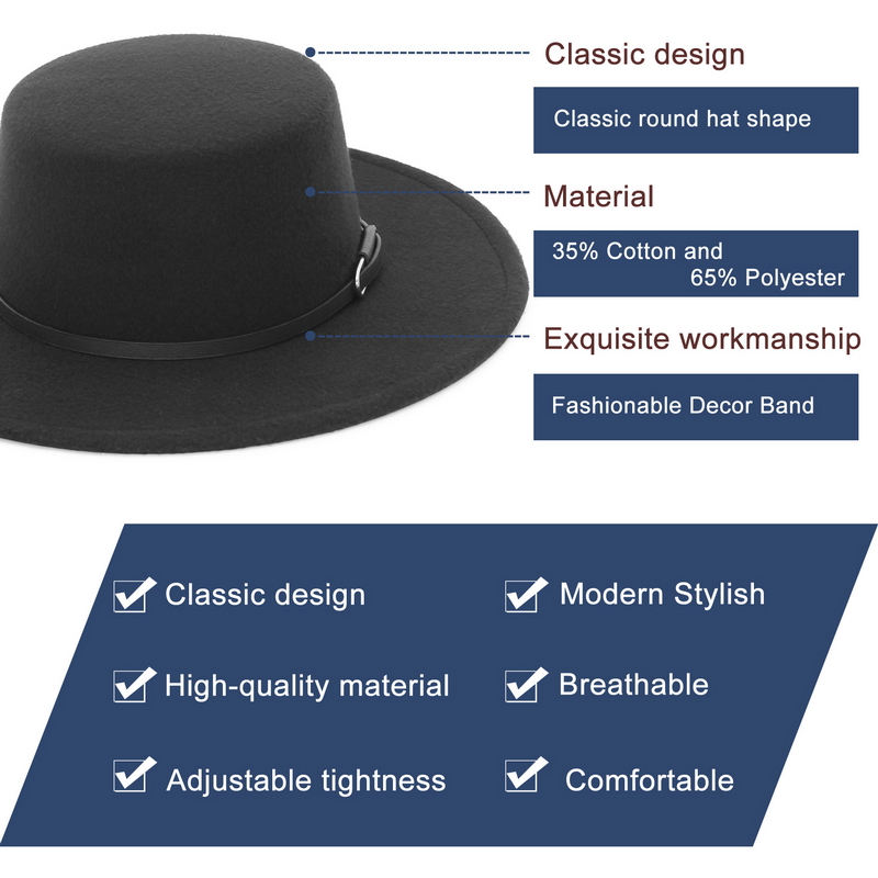 エレガントなワイドブリムフェドーラハット、女性男性用フラット - Fedora Hat Wool のレビューと価格